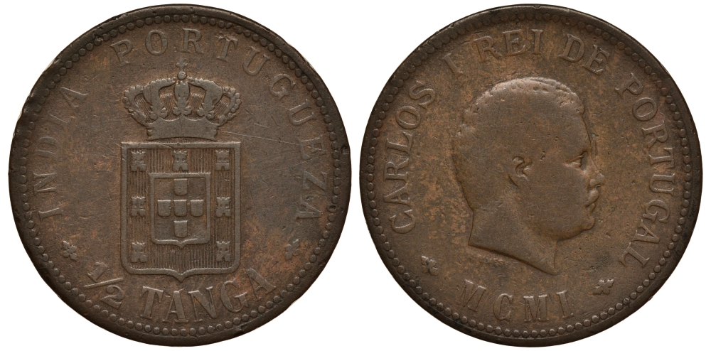 Португальская Индия 1/2 танга = 30 рейс 1901 Карлуш (Карл) I (1889-1908) KM 16  бронза    1530-1133