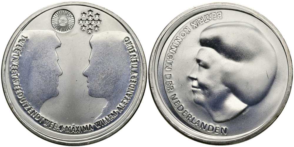 Нидерланды 10 евро 2002 королевская свадьба Виллема-Александра и принцессы Максимы KM 243 серебро UNC 650-1112