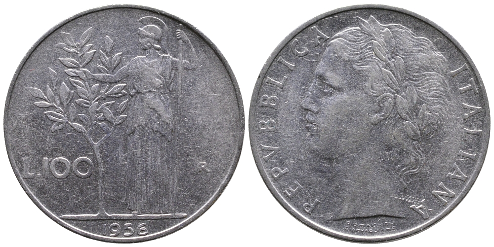 ИТАЛИЯ 100 ЛИР 1956 R, АФИНА KM 96.1 нержавеющая сталь 83-1146