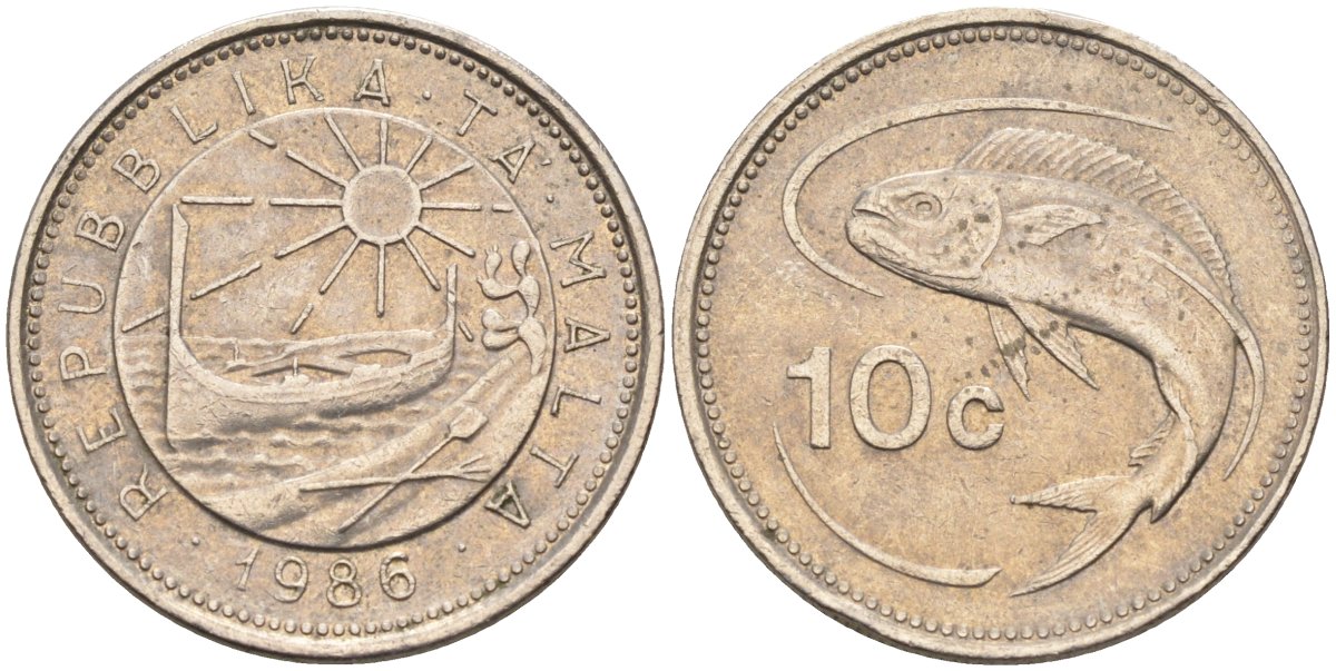 Мальта 10 центов 1986 золотая макрель KM 76 медно-никель 4588-155