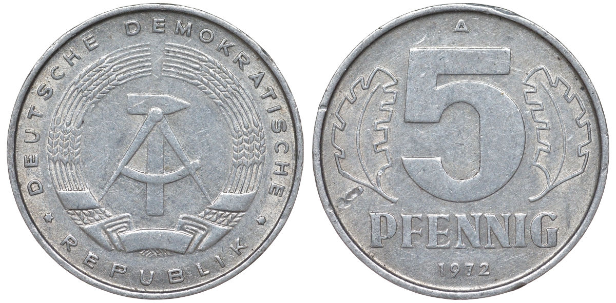 ГДР 5 пфеннигов 1972 A KM 9.1 алюминий 62-243