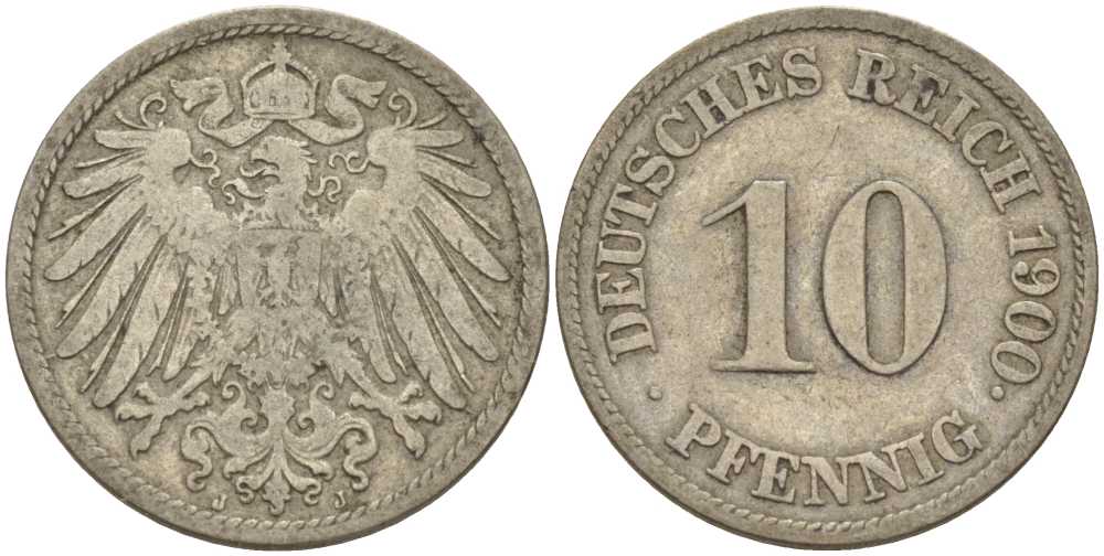 Германия 10 пфеннигов 1900 J KM 12, J. 13, Weege 8  медно-никель 212-731