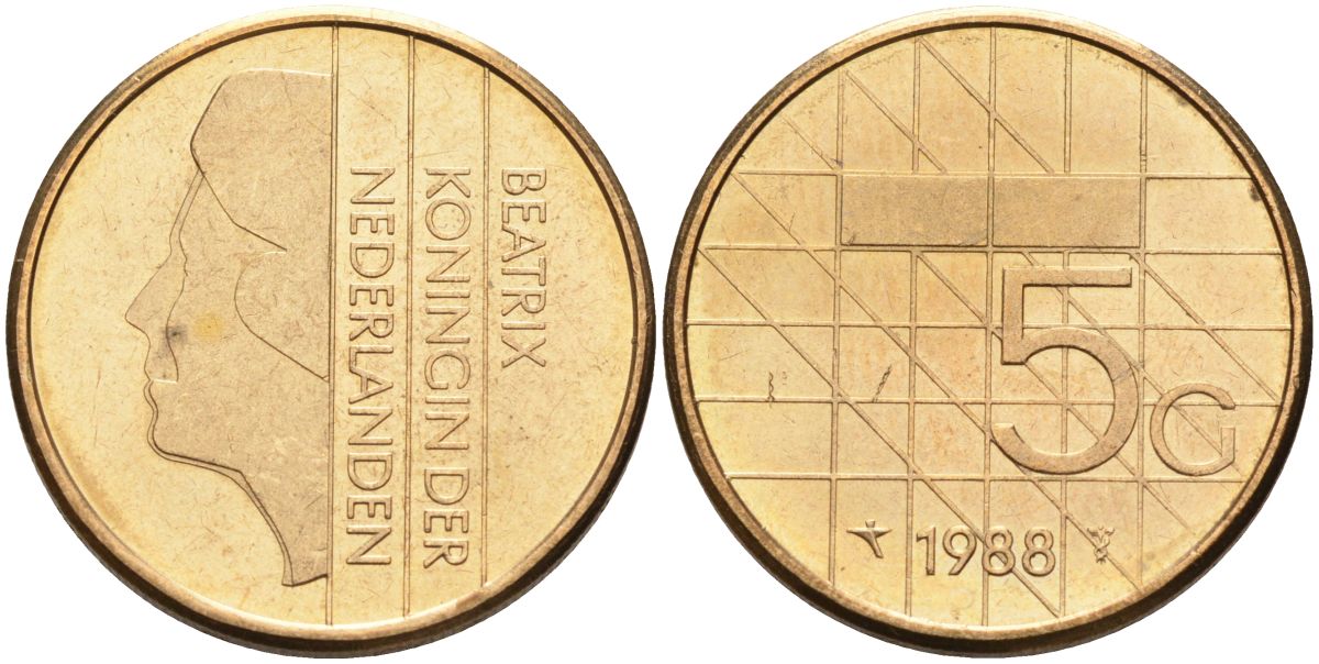 Нидерланды 5 гульденов 1988 Беатрикс (1980-2013) KM 210 никель плакированный бронзой 4116-154