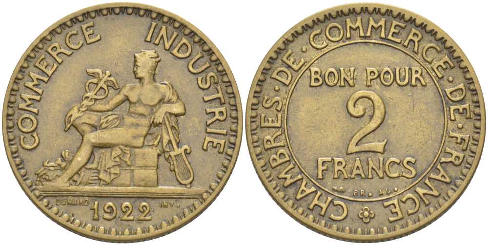 Франция 2 франка 1922 тип Chambres de Commerce KM 877, LE FRANC 267.4 алюминиевая бронза 180-515