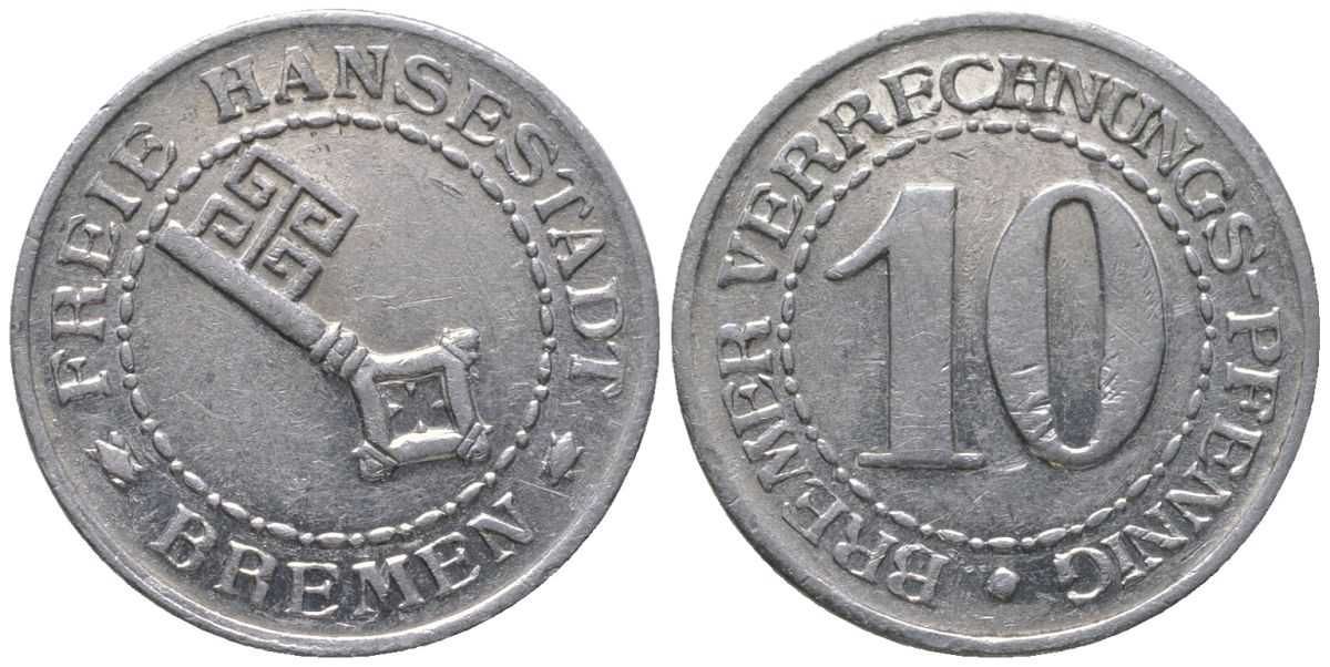 Бремен 10 пфенингов ND Funck 634.2, Men05 3558.2, Men18 4503.2 алюминий 4610-336