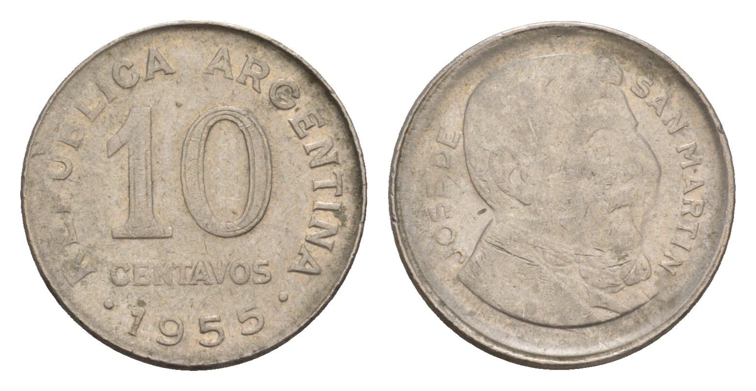 Аргентина 10 сентаво 1955 генерал Хосе де Сан Мартин KM 51 сталь плакированная никелем 4655-1017