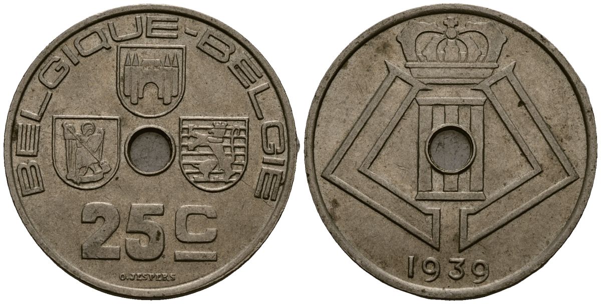 Бельгия 25 сантимов 1939 Belgique - Belgie KM 114 никель латунь 4382-532