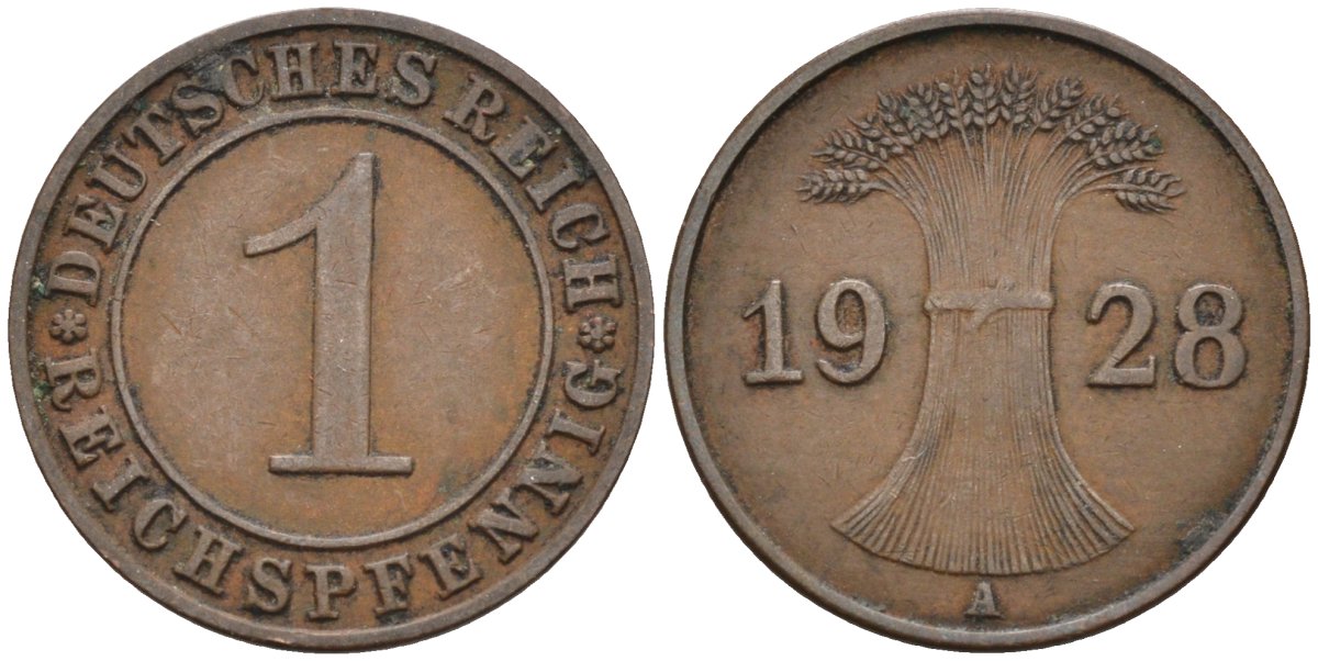 Германия 1 рейхспфенниг 1928 А, Веймарская республика KM 37 бронза 188-1164