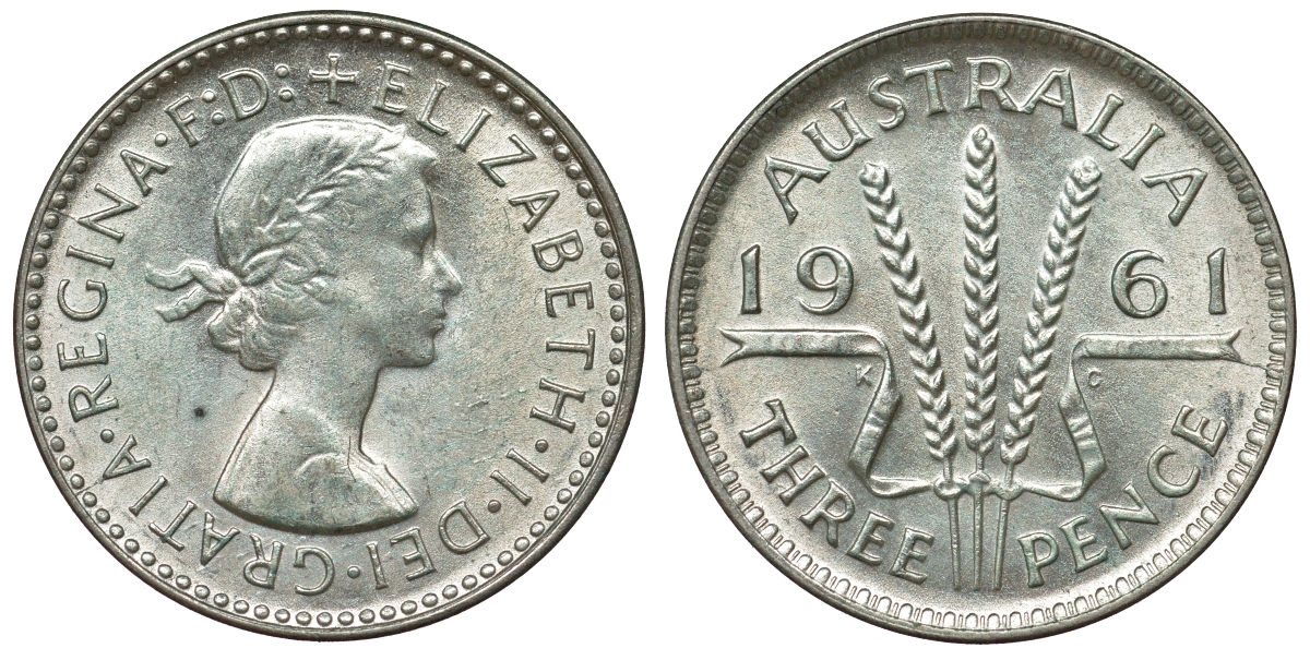 Австралия 3 пенса 1961 m, Елизавета II (1952-2022) KM 57 серебро 71-755