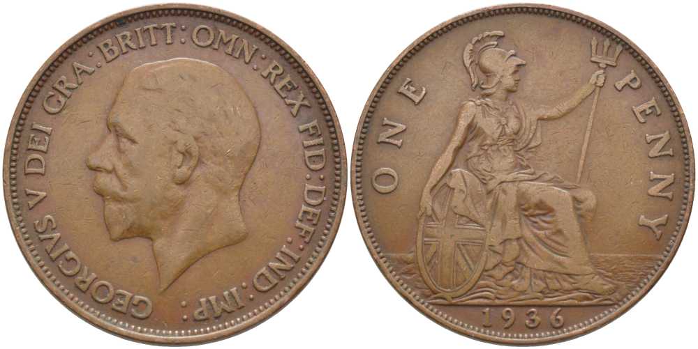 Великобритания 1 пенни 1936 Георг V (1910-1936) KM 838, Spink 4055 бронза 115-314