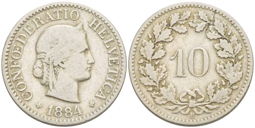 Швейцария 10 раппенов 1884 В KM 27 медно-никель 4532-969