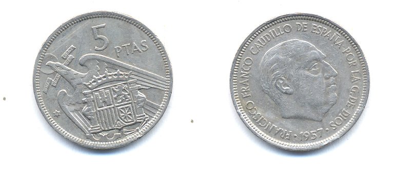 ИСПАНИЯ 5 ПЕСЕТ 1957 (73) ФРАНСИСКО ФРАНКО ДИКТАТОР ИСПАНИИ (1939-1975) KM 786 медно-никель 54-1514