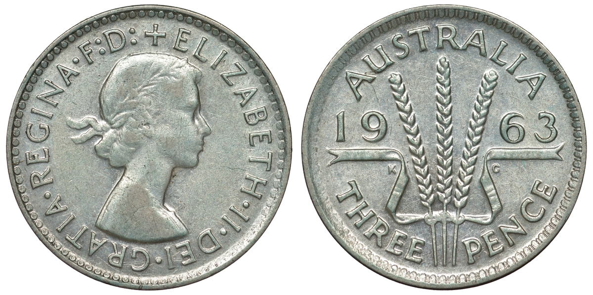 Австралия 3 пенса 1963 m, Елизавета II (1952-2022) KM 57 серебро 71-945
