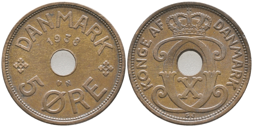 ДАНИЯ 5 ЭРЕ 1938 N ; GJ, КРИСТИАН X (1912-1947) KM 828.2 бронза 32-525