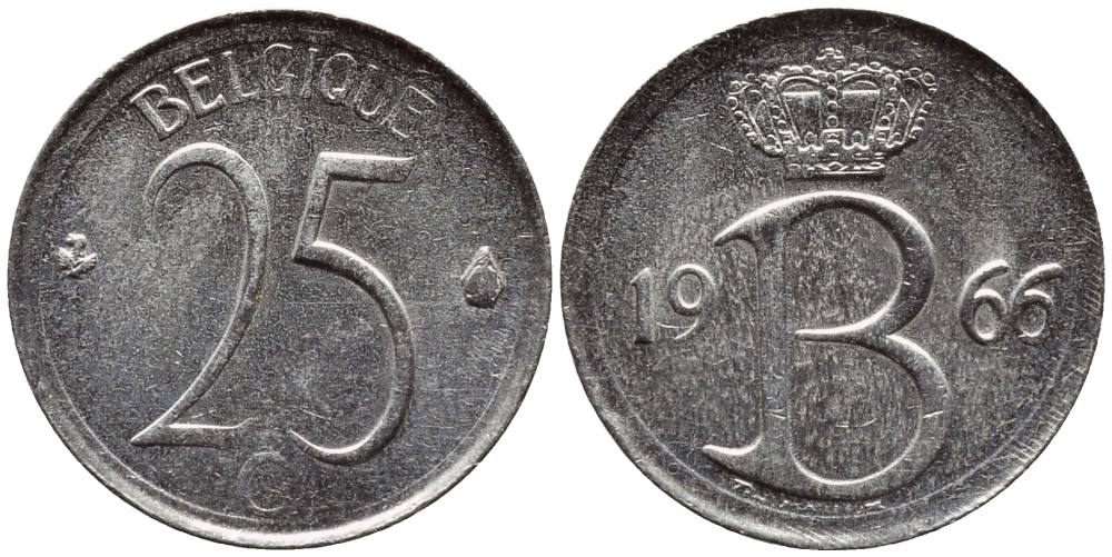 БЕЛЬГИЯ 25 САНТИМОВ 1966 BELGIQUE KM 153.1 медно-никель 4392-859