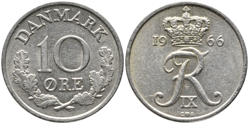 Дания 10 эре 1966 С; S, Фредерик IX (1947-1972) KM 849.1 медно-никель 100-725