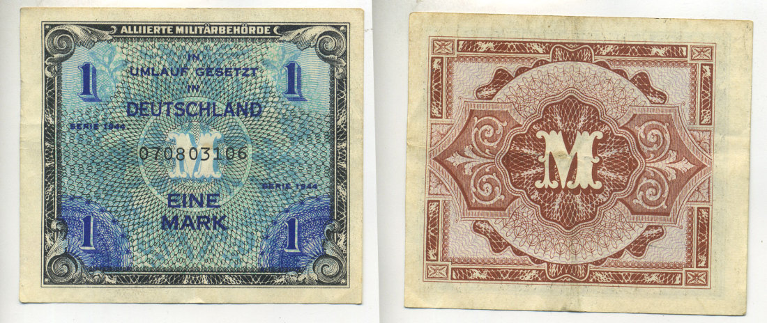 Германия, оккупация союзниками 1 марка 1944 9 цифр, без кода, выпуск СССР Pick 192 b бумага 6283-5-4