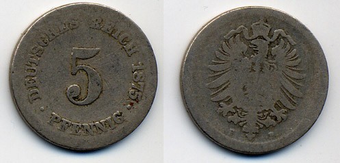 ГЕРМАНИЯ 5 ПФЕННИГОВ 1875 F, СТАРОГЕРБОВКА KM 3, J.3 медно-никель 41-631