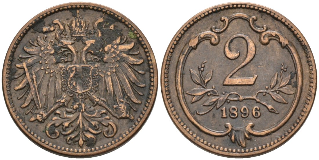 Австрия 2 геллера 1896 Франц Иосиф (1846-1918) KM 2801 бронза 4567-641