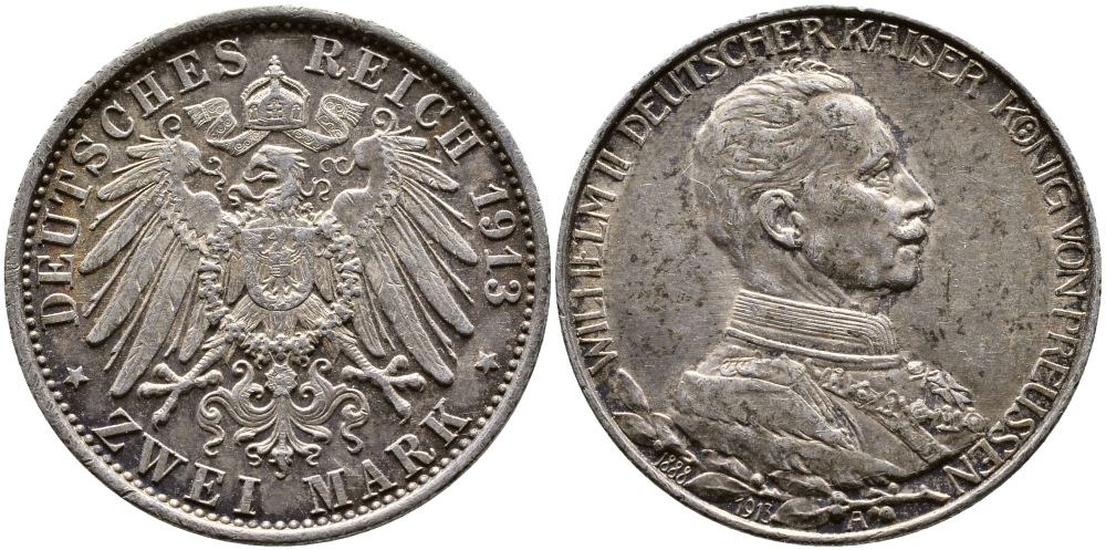 Пруссия 2 марки 1913 A, Вильгельм II (1888-1918), 25 лет правления (мундир) Weege 111, J. 111, KM 533 серебро 91-545