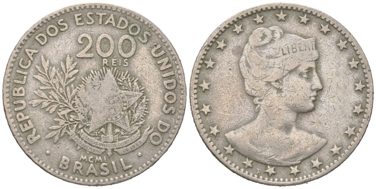 Бразилия 200 реалов 1901 MCMI, голова свободы вправо KM 504 медно-никель 4612-241