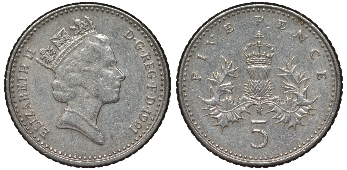 Великобритания 5 пенсов 1991 Елизавета II (1952-2022) KM 937b, Spink 4372 (D4) медно-никель 4124-649