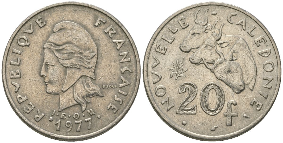 Французская Новая Каледония 20 франков 1977 три быка, (IEOM) KM 12, Schoen 14, Lec 107 никель 4680-416