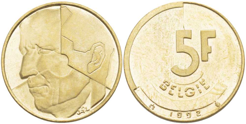 БЕЛЬГИЯ 5 ФРАНКОВ 1992 BELGIE, БОДУЭН I (1951-1993) KM 164 латунь или алюминиевая бронза 4364-1734