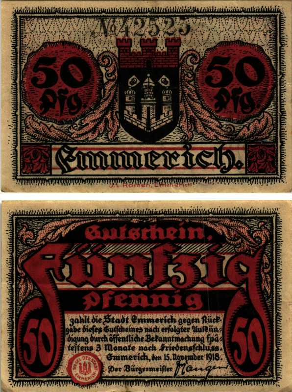 Германия, Эммерих 50 пфеннигов 1918 нотгельд, 15.11.1918 Tie.1710/10 бумага 6318-27-2-1