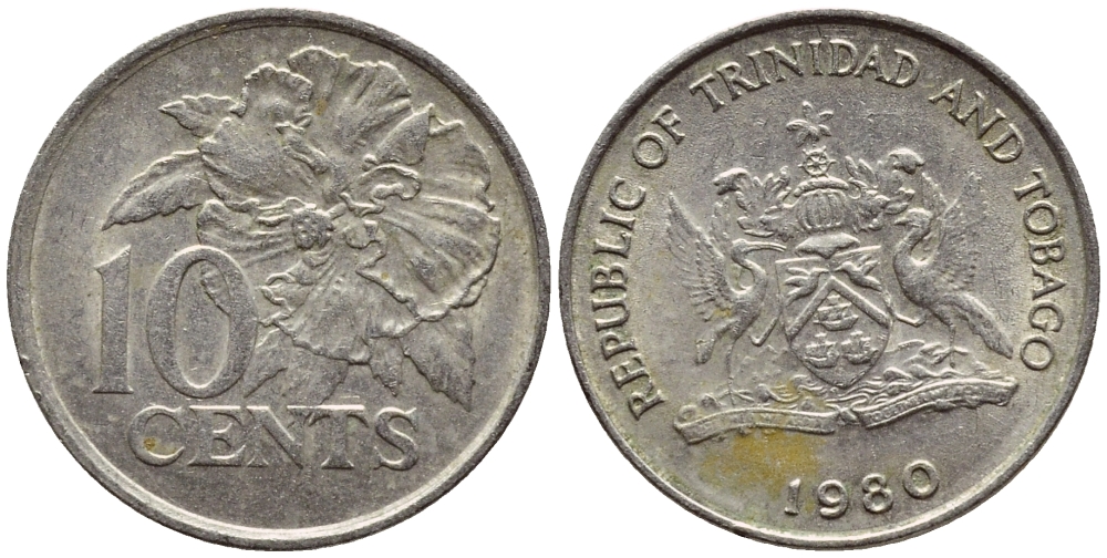Тринидад и Тобаго 10 центов 1980 цветок гибискуса KM 31 медно-никель 4396-912