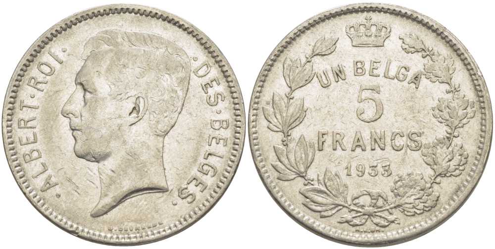 БЕЛЬГИЯ 5 ФРАНКОВ 1933 АЛЬБЕРТ I, DES BELGES KM 97.1 никель 3851-234