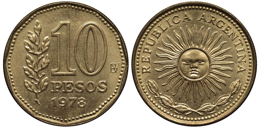 Аргентина 10 песо 1977 Ba, майское солнце KM 72 алюминиевая бронза 4525-953
