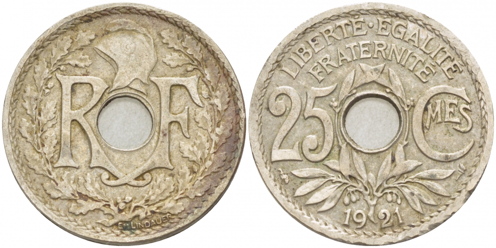 ФРАНЦИЯ 25 САНТИМОВ 1921 KM 867а медно-никель 4402-1214