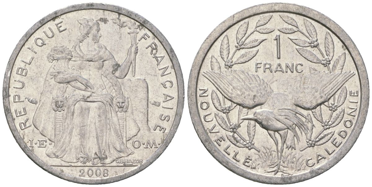 Французская Новая Каледония 1 франк 2008 птица кагу, (IEOM) KM 10, Schoen 10 алюминий 55-411