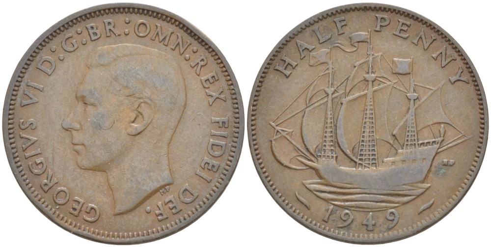 Великобритания 1/2 пенни 1949 Георг VI (1936-1952) KM 868, Spink 4118 бронза 83-1837