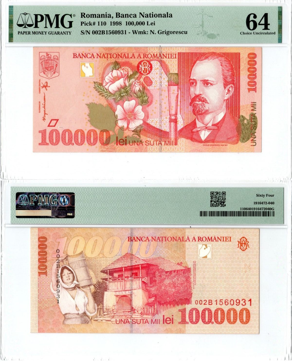 Румыния 100000 лей 1998 Николае Григореску, цветы мальвы, крестьянка, Румынский "Кулэ" в Олтении. В слабе PMG 64 choice uncirculated Pick 110 бумага UNC (пресс) 00-00