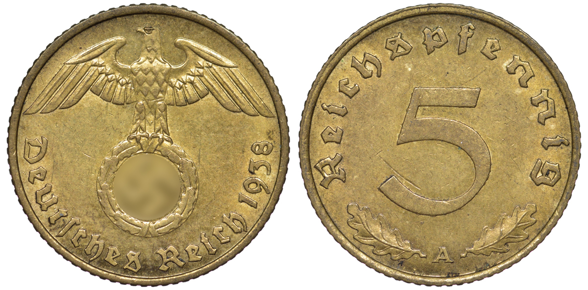 Германия 5 рейхспфеннигов 1938 A KM 91, J. 363 алюминиевая бронза 4602-1253
