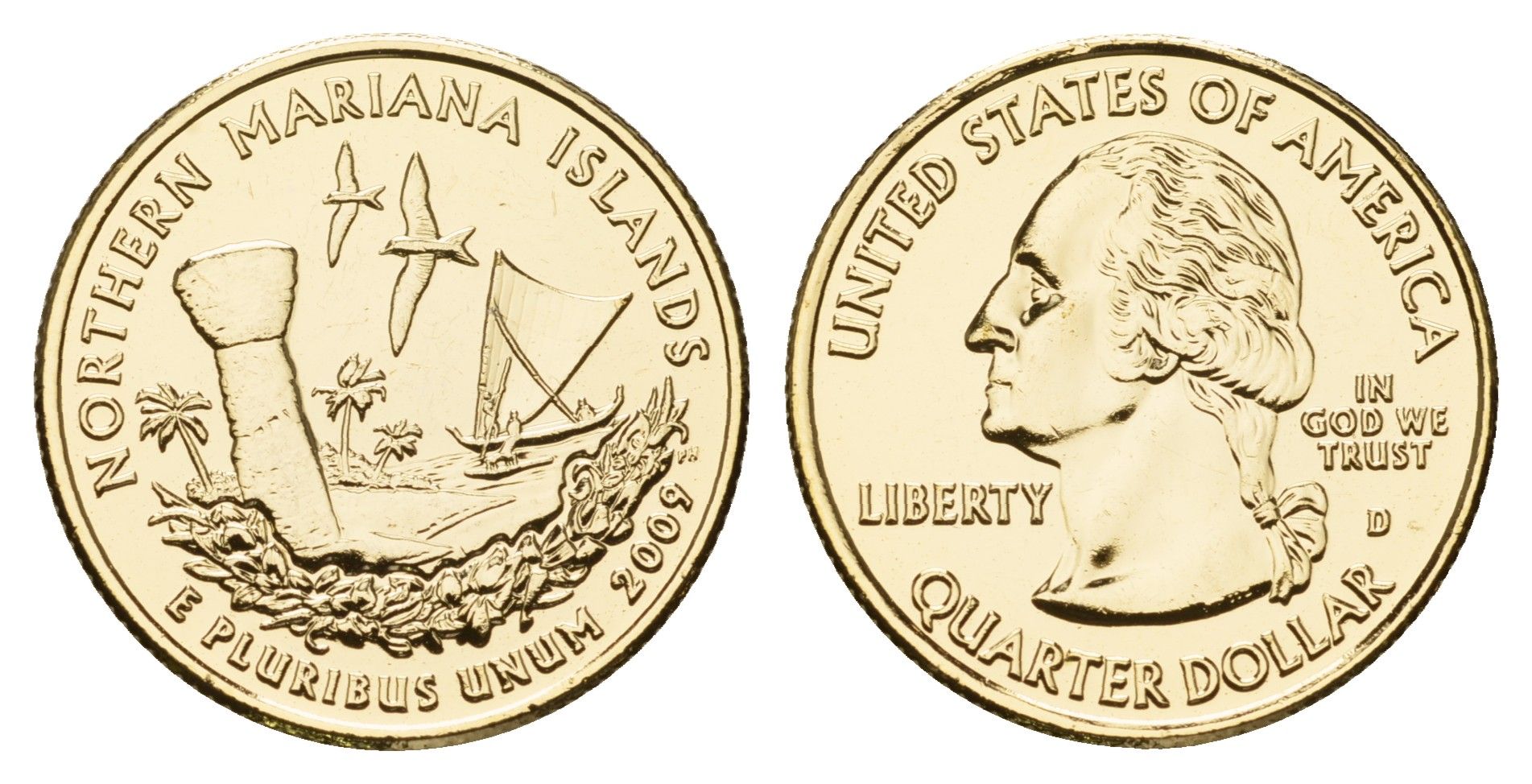 США 25 центов (квотер, 1/4 доллара) 2009 серия штаты США, Северные Марианские острова KM 466 медь плакированная золотом UNC 1084-7-63
