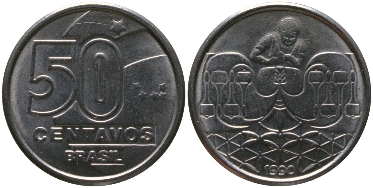 Бразилия 50 сентаво 1990 KM 614, Schon 123 нержавеющая сталь 4576-148