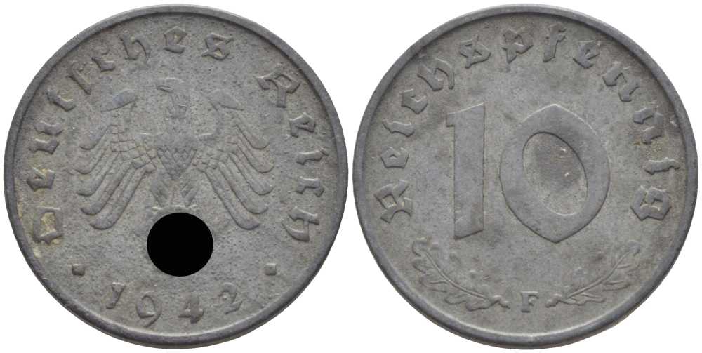 ГЕРМАНИЯ 10 РЕЙХСПФЕННИГОВ 1942 F KM 101, J. 371 цинк 4401-712