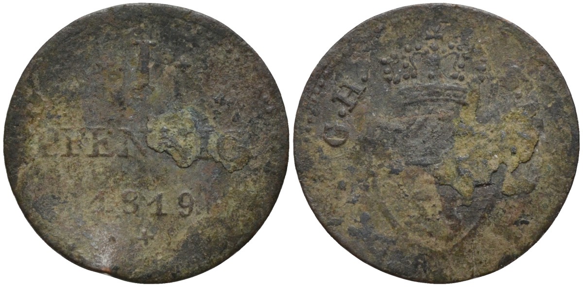 Гессен-Дармштадт 1 пфенниг 1819 GH-SM, Великий Герцог Людвиг I (1806-1830) KM 280 медь 4532-714