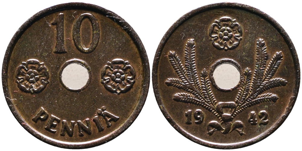 ФИНЛЯНДИЯ 10 ПЕННИ 1942 KM 33.1 медь 4387-439