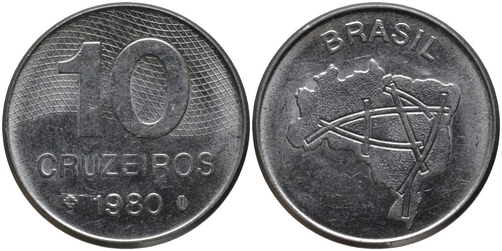 Бразилия 10 крузейро 1980 карта Бразилии KM 592.1 нержавеющая сталь 186-1235