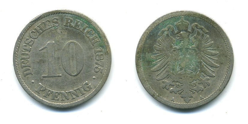 ГЕРМАНИЯ 10 ПФЕННИГОВ 1875 A, СТАРОГЕРБОВКА KM 4, J.4 медно-никель 54-449
