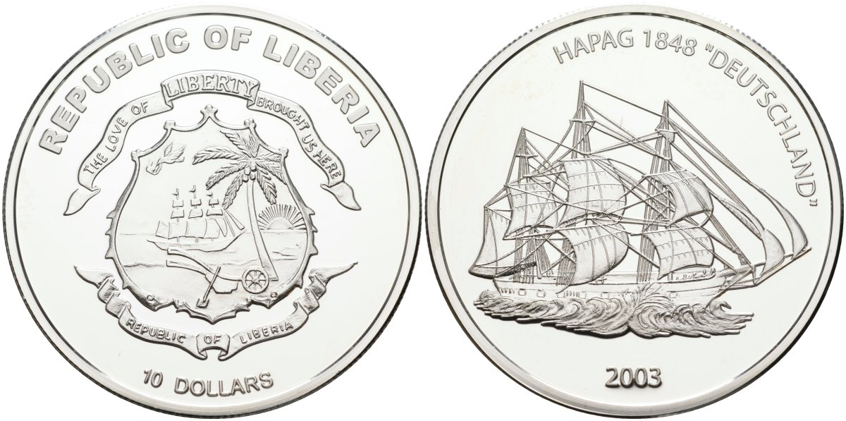 Либерия 10 долларов 2003 парусное судно "Deutschland" 1848 год, Hapag, тираж 5000 экз. KM 1030 серебро PROOF 1095-8-63