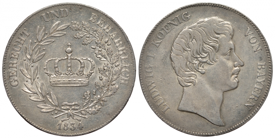 Бавария 1 талер 1834 (конвенцталер) KM 394, Jaeger 30, Thun 48, AKS 76, Kahnt 75, Davenport 565 серебро aUNC 00-814-47