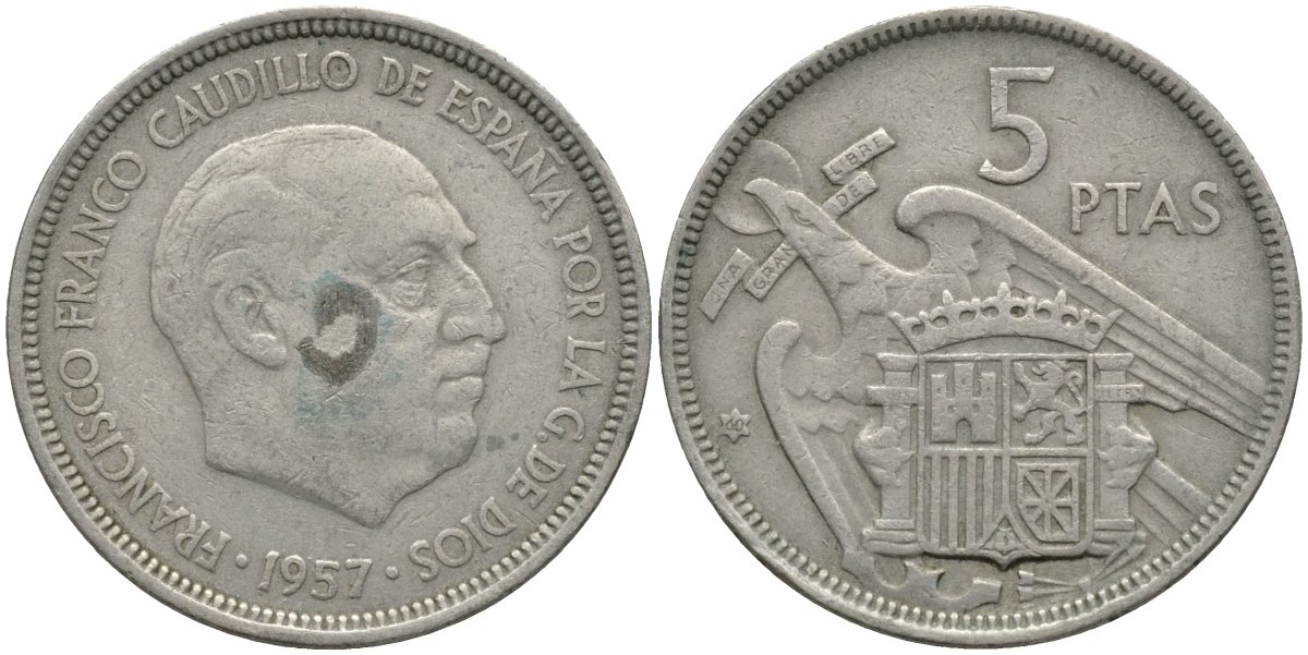 Испания 5 песет 1957 (60) Франсиско Франко (1939-1975) KM 786 медно-никель 4171-512