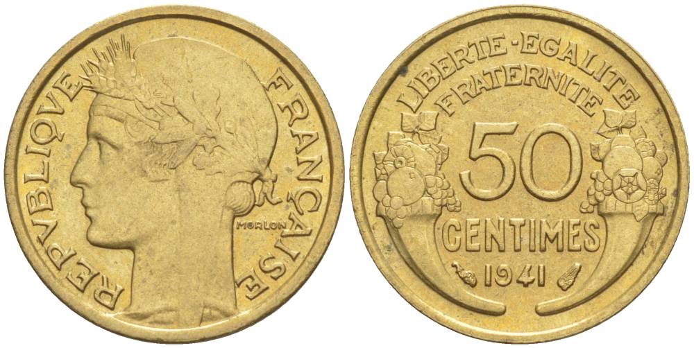 ФРАНЦИЯ 50 САНТИМОВ 1941 ТИП MORLON KM 894.1, LE FRANC 192.18 алюминиевая бронза 44-466