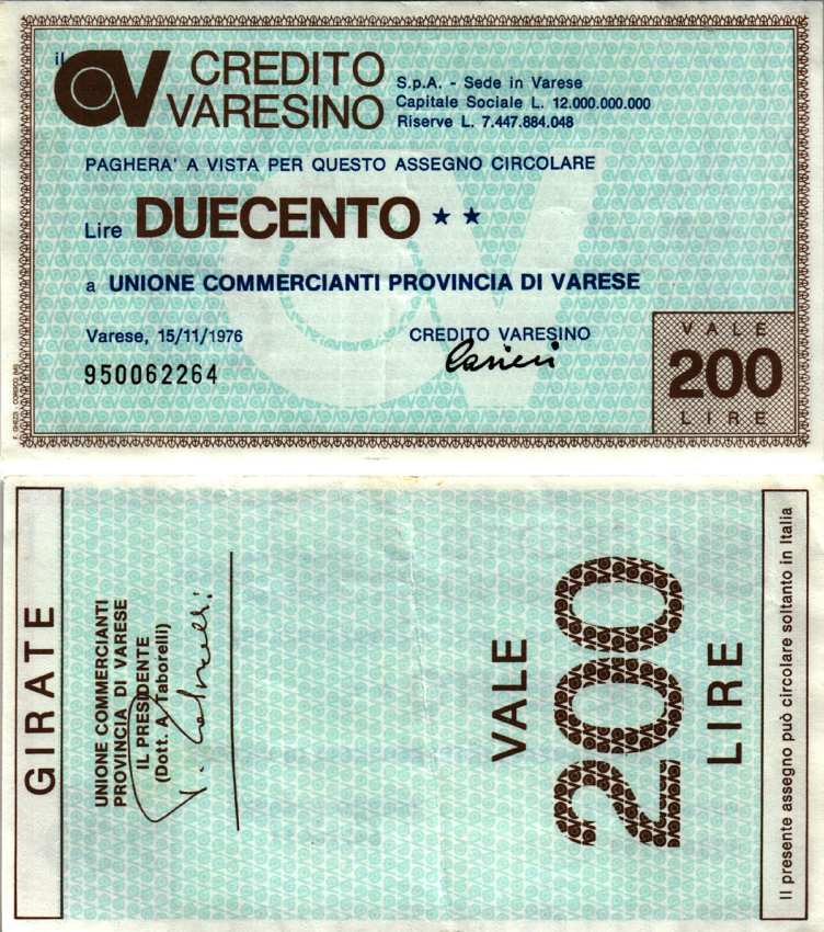 Италия чек на 200 лир 1976 15 ноября 1976, credito varesino бумага 7218-14-2-1