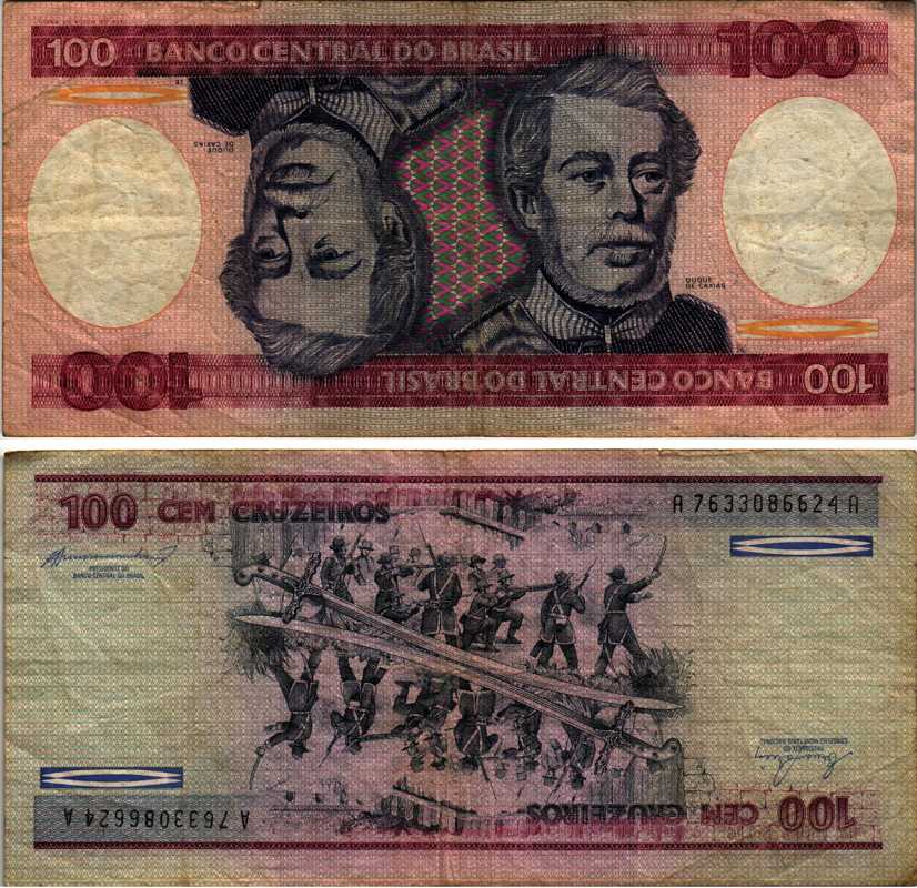 БРАЗИЛИЯ 100 КРУЗЕЙРО 1984 ПОДПИСЬ 21, СЕРИЯ А76330, ГЕРЦОГ КАКСИАС Pick 198b бумага 8606-45-3-1